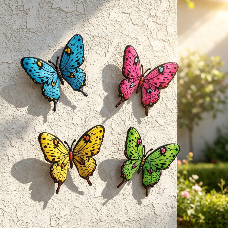 Ensemble de 4 papillons en métal coloré peint à la main, décoration murale extérieure, sculpture 2D pour jardin, clôture, patio