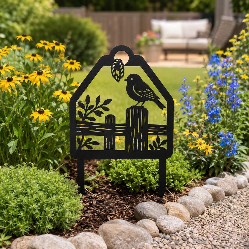 Piquet de jardin en métal, oiseau rustique sur clôture, décoration extérieure, ornement de ferme