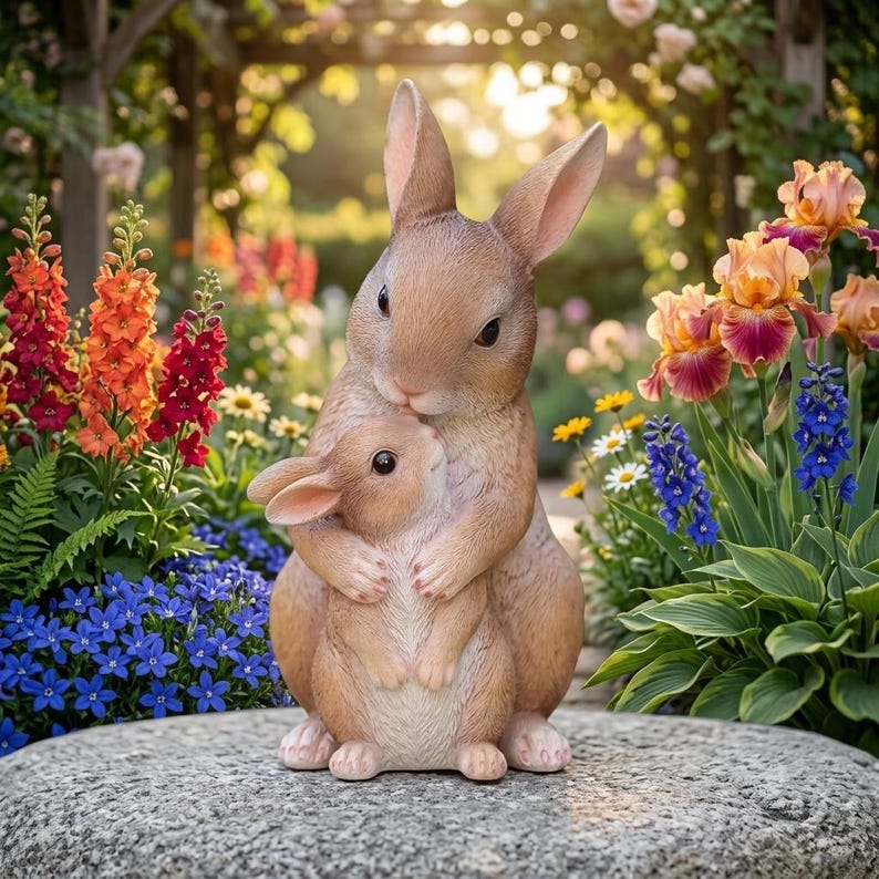 Statuette de jardin famille de lapins en résine, décoration extérieure style boisé, figurine peinte à la main pour patio et jardin