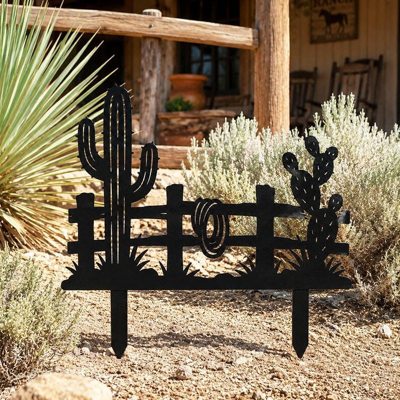 Metal Garden Stake with Saguaro Cactus and Rope Detail, Desert Yard Art, Southwestern Fence Garden Sign, Outdoor Decor for Garden Beds and Patios, 8-30 Inches