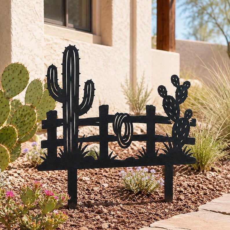 Metal Garden Stake with Saguaro Cactus and Rope Detail, Desert Yard Art, Southwestern Fence Garden Sign, Outdoor Decor for Garden Beds and Patios, 8-30 Inches