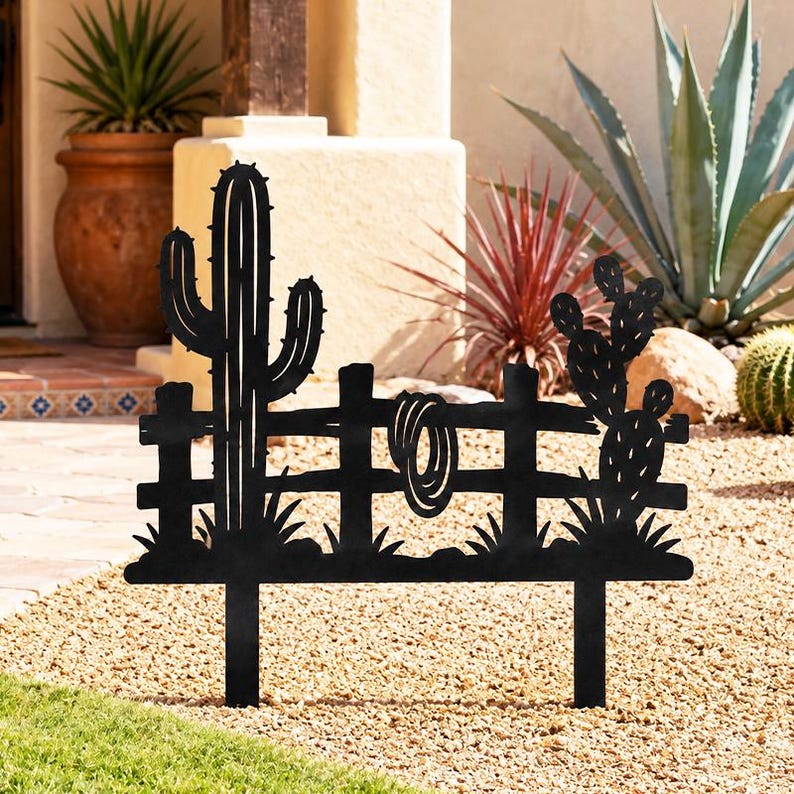 Metal Garden Stake with Saguaro Cactus and Rope Detail, Desert Yard Art, Southwestern Fence Garden Sign, Outdoor Decor for Garden Beds and Patios, 8-30 Inches