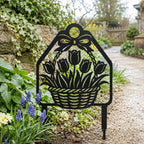 Piquet de jardin métal noir panier de tulipes, décoration florale printemps, 20-76 cm