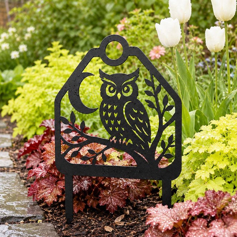 Piquet de jardin hibou lune en métal noir 8-30 pouces, décoration de pelouse boisée